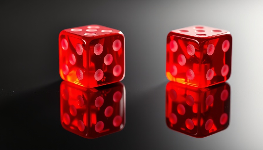 Translucent red dice on reflective black surface, emphasizing contrast.