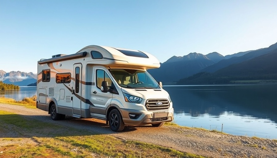 Motorhome parked by a lake with mountains in the background, representing motorhome values.