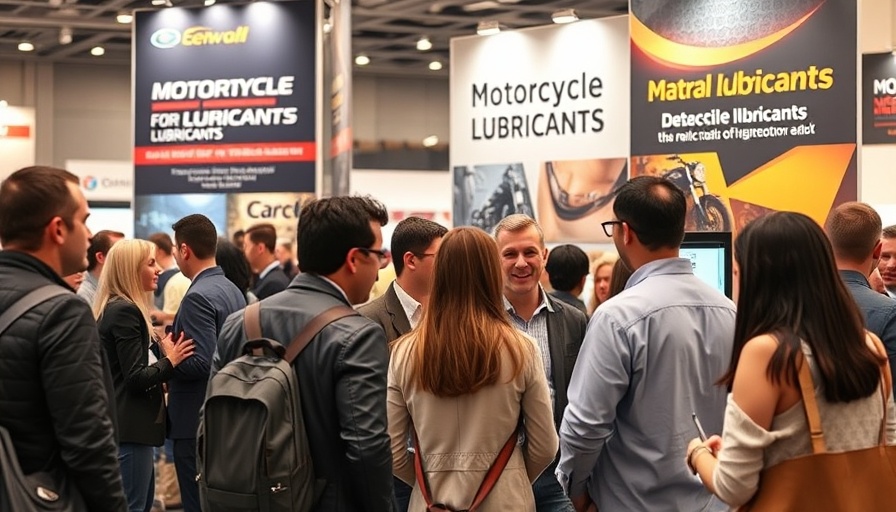 People discussing at a motorcycle lubricants booth showcasing products.