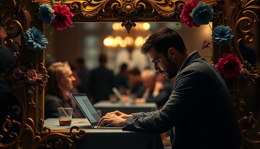 Man at laptop in dramatic setting, 'Doomers' with floral frame, AI safety theme.