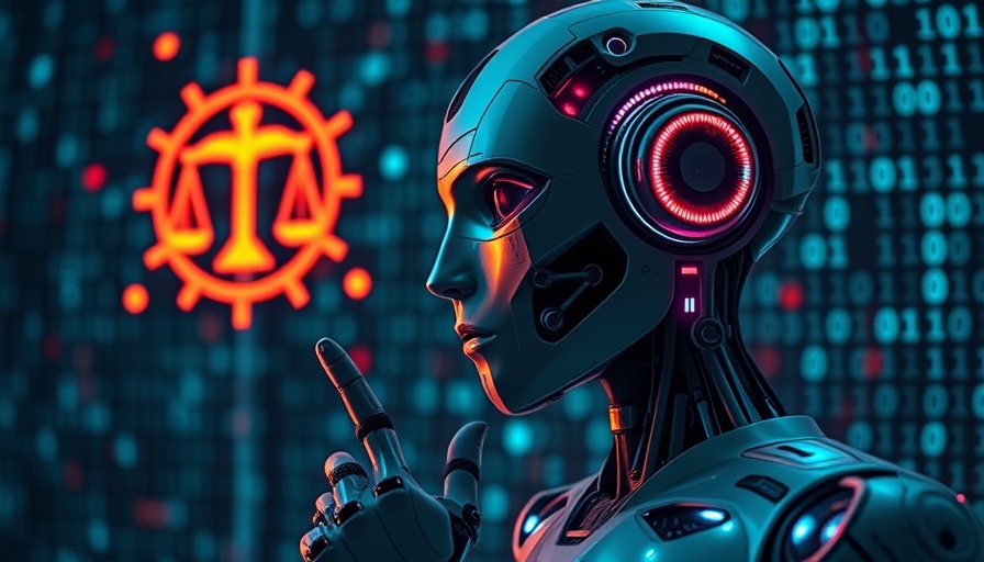 Robot pondering AI regulations with justice symbols, representing EU AI Act.