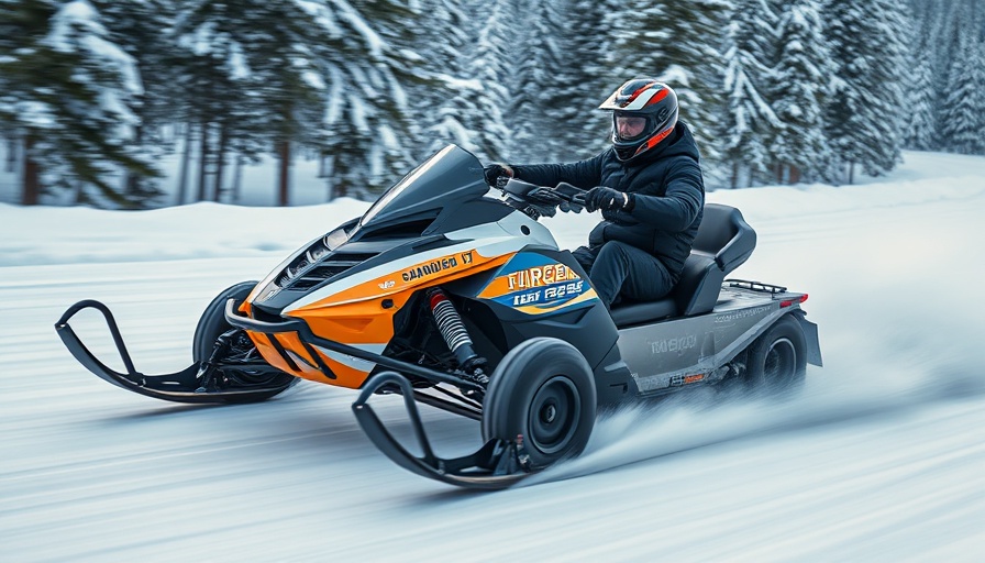 Snowmobile shifter kart racing on snowy track surrounded by trees.