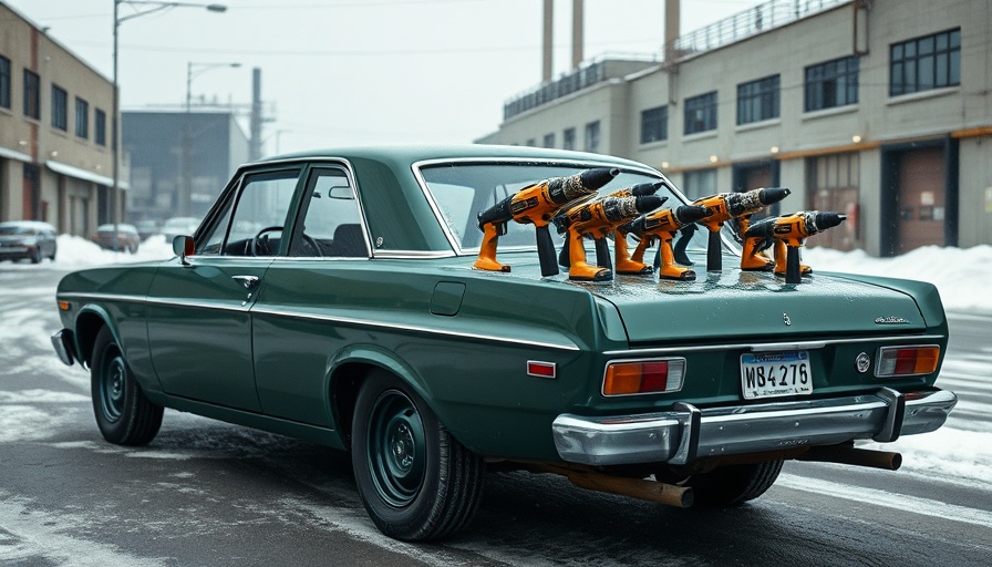 Vintage green car in snowy street with power drills, illustrating electric vehicle engineering creativity.