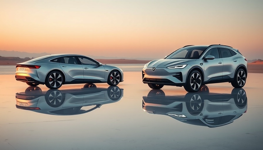 Futuristic electric vehicles reflecting on a wet surface under a twilight sky.