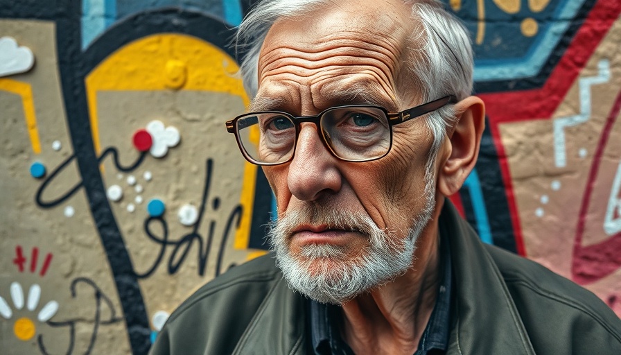 Graffiti mural of elderly man in urban setting, vibrant colors.