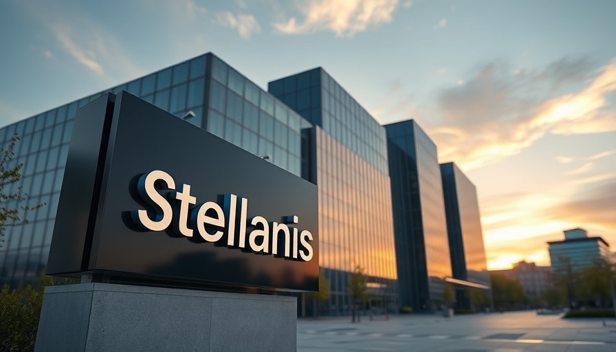Stellantis headquarters entrance sign at dusk.