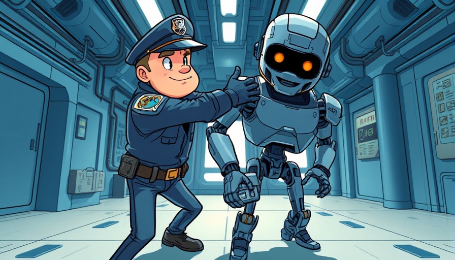 Cartoon of AI regulations with a policeman arresting a robot.