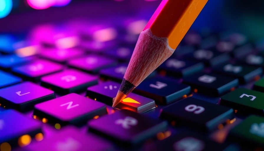 Keyboard arrow key with pencil eraser, vibrant neon lights, abstract.