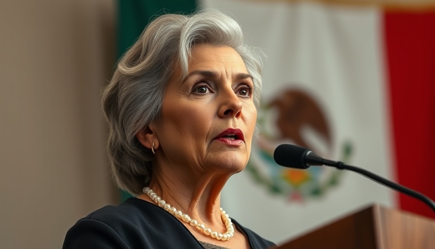Serious speaker discusses Mexico tariffs delay with flag backdrop.