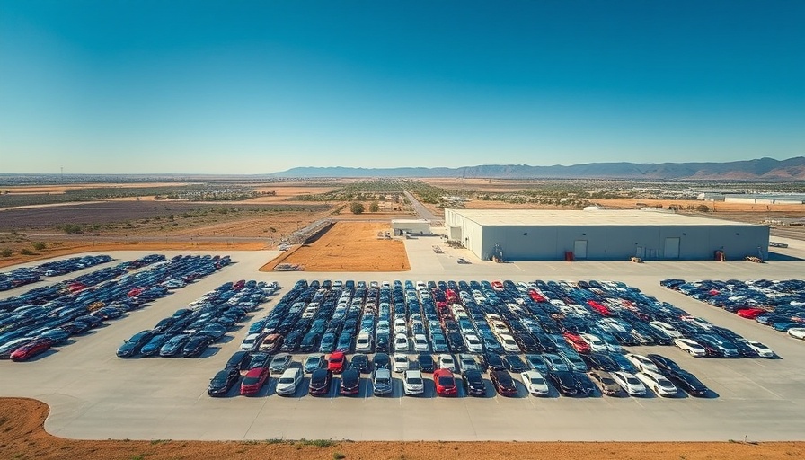 Aerial view of car storage lot near industrial complex.
