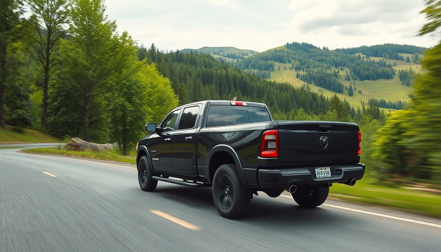 Sleek black pickup truck on a scenic countryside road.