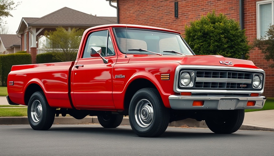 Classic red pickup truck with custom design parked by a brick wall.