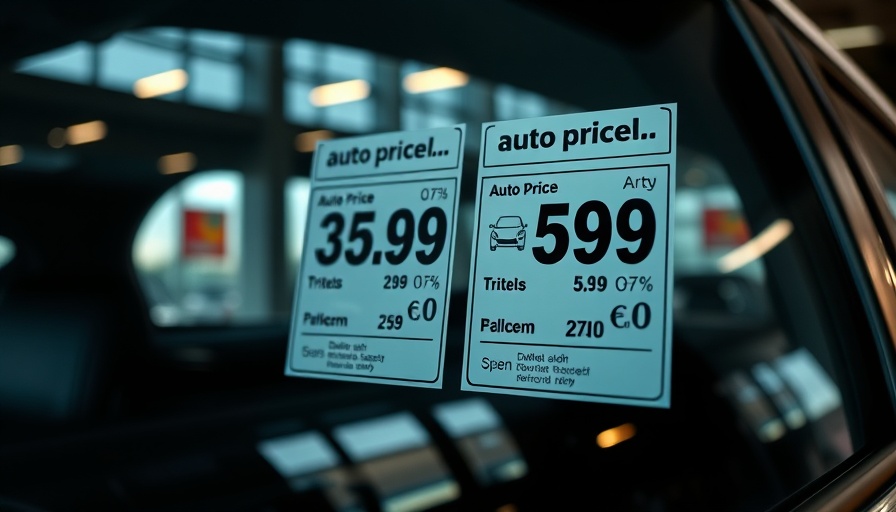 Car window sticker with auto prices in dealership.