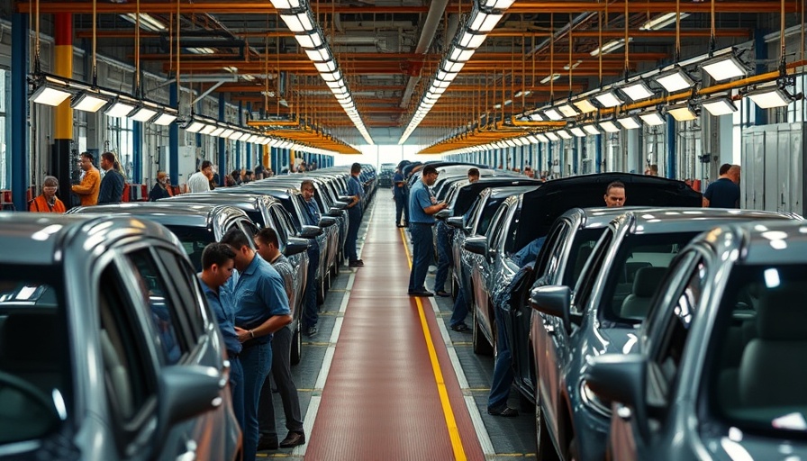 Workers assembling vehicles on an auto industry production line.