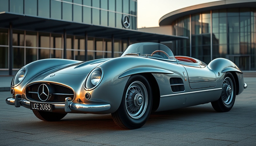 Sleek silver Mercedes W196 at Mercedes-Benz Museum in twilight.