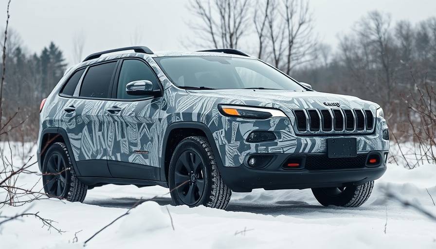 Camouflaged Jeep Cherokee being tested in snowy conditions.