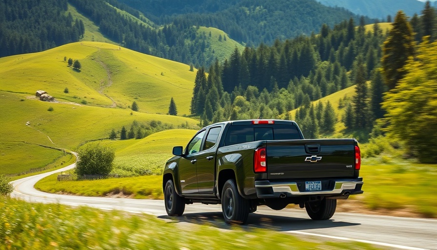 Sleek black pickup truck driving in a green landscape