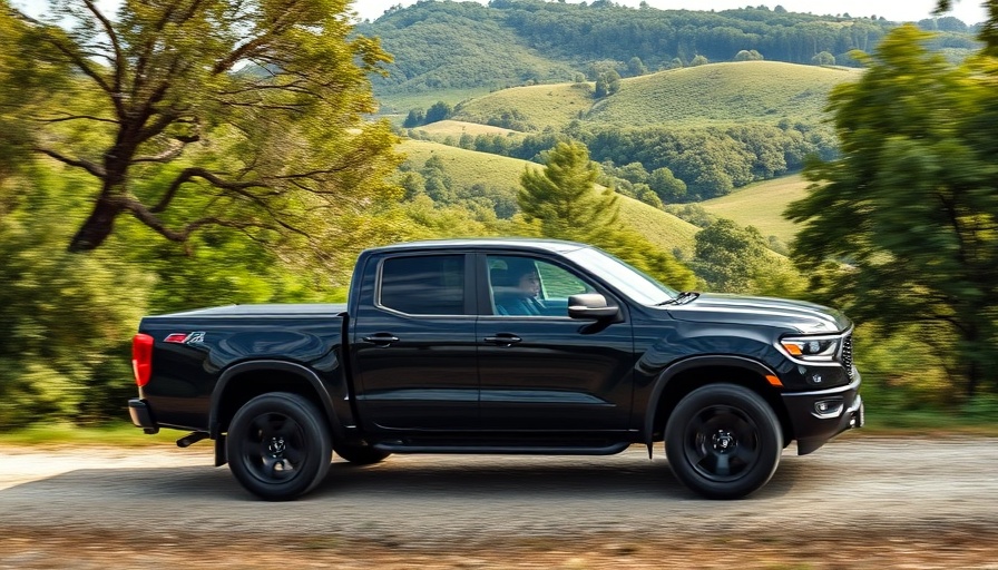 Black pickup truck driving on a scenic gravel road.