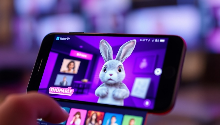 Smartphone screen showing shoppable TV app with rabbit character, vibrant background.