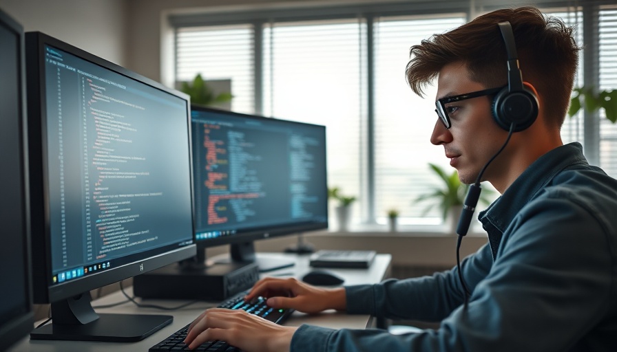Focused man programming at a desk in a modern office, showcasing FinOps.