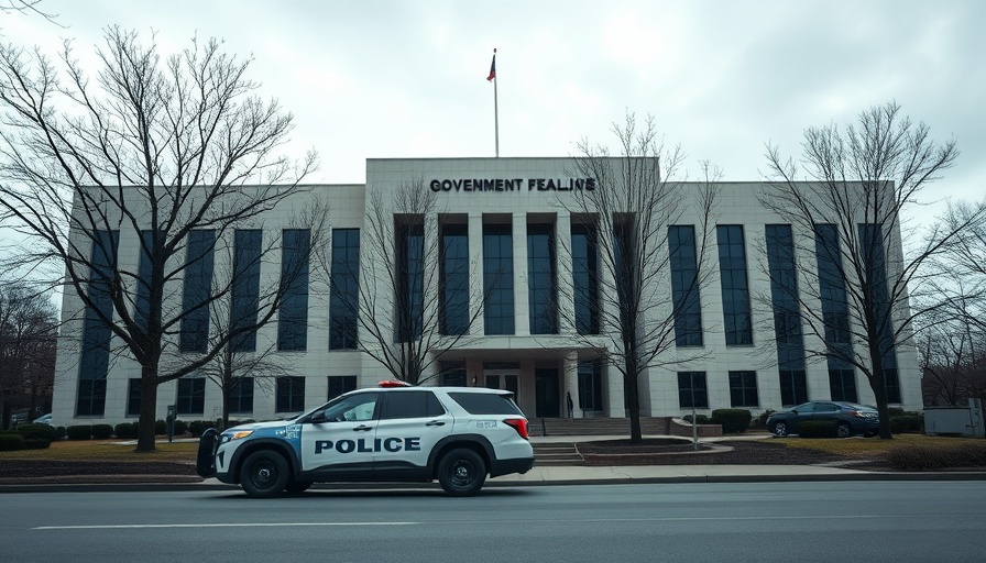 Modern government building with police SUV, OPM Server Lawsuit context