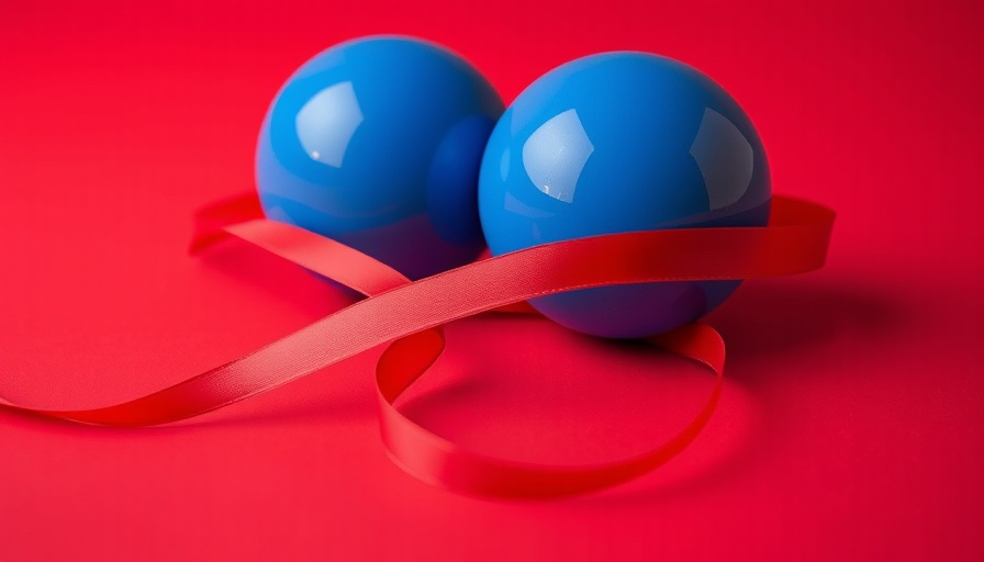 Abstract AI safety theme with spheres and ribbon on red background.