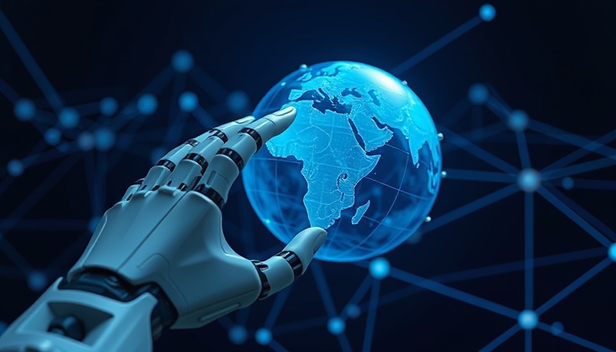 Robotic hand interacting with digital globe, AI Cybersecurity theme.
