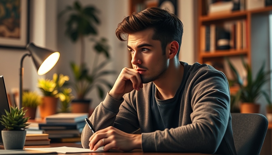 Thoughtful person pondering deeply in a modern home office with a notebook.