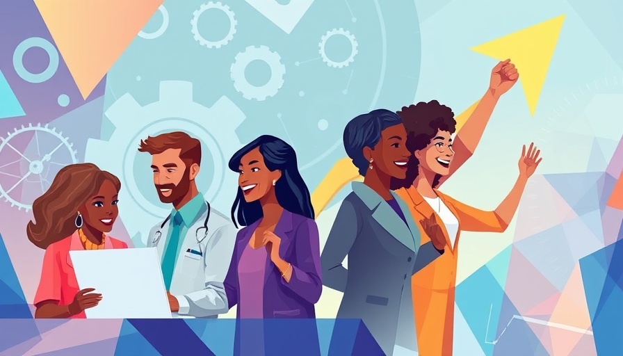 Diverse team scaling AI for success with technology and progress symbols.