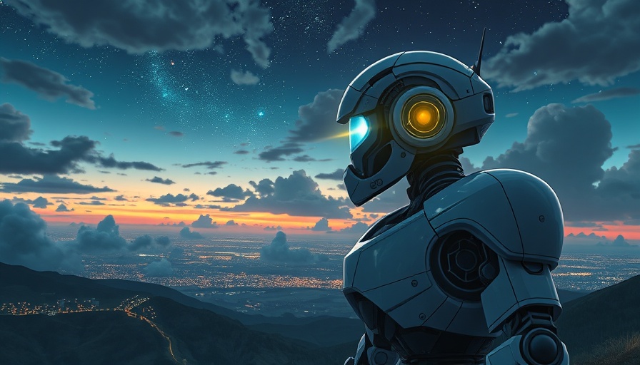 Futuristic robot gazing at night sky in cinematic style, illustrating agentless AI.
