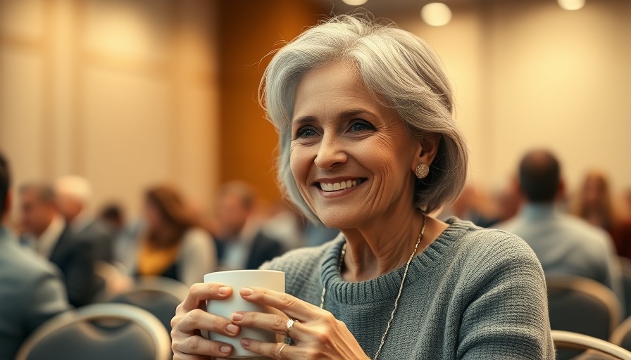 AI Innovation at conference, woman smiling, enjoying coffee.