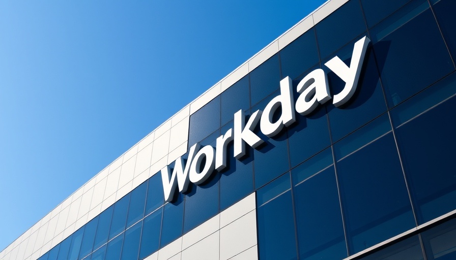 Modern office building with Workday logo, clear sky.