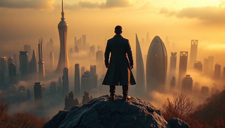 AI-generated imagery of a figure overlooking a futuristic cityscape.