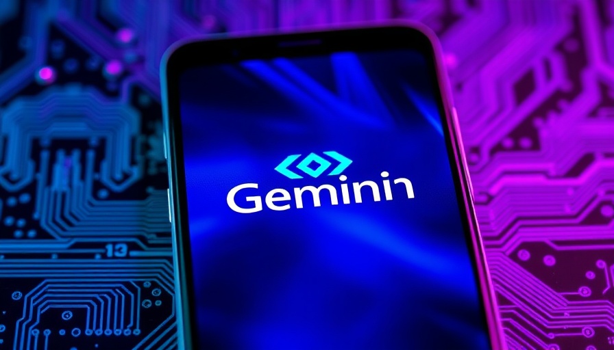 Google Gemini logo on smartphone with digital circuit board background.