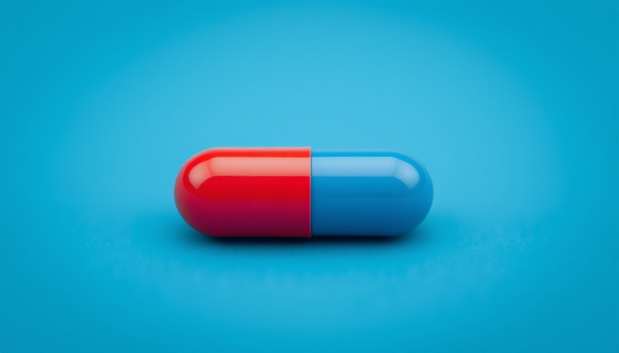 AI in drug development: Red and blue capsule on blue background.
