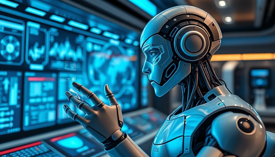 Futuristic robotic humanoid analyzing holographic data in a control room.