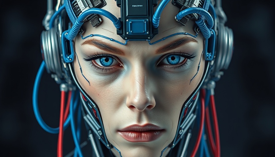 Futuristic cybernetic human face with cables, Data and AI theme.