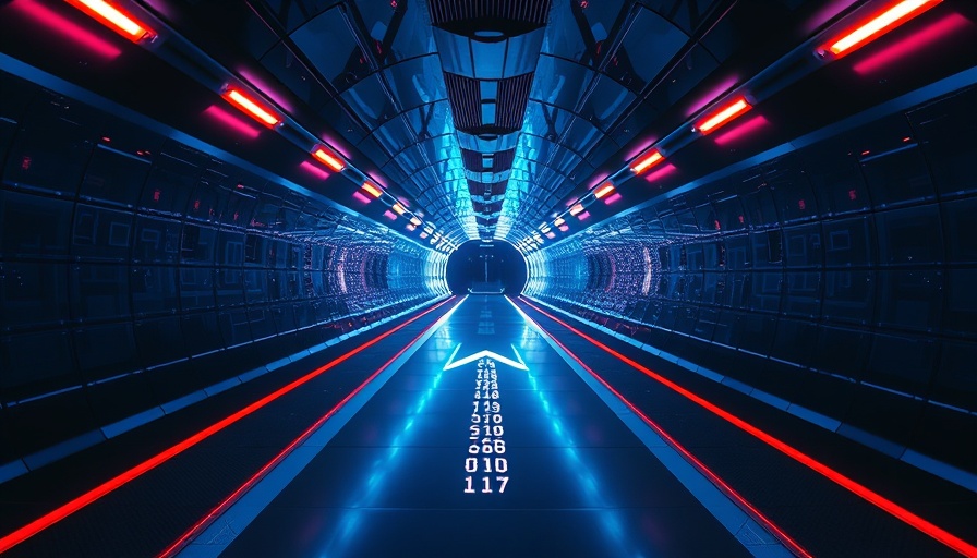 Futuristic tunnel with binary arrow representing AI in strategy.