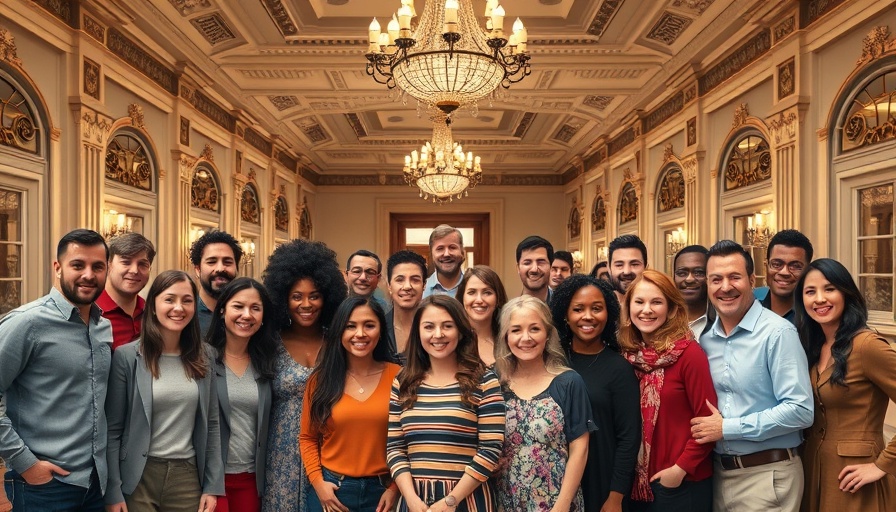 Large group smiling in ornate hall, related to Market Research AI.