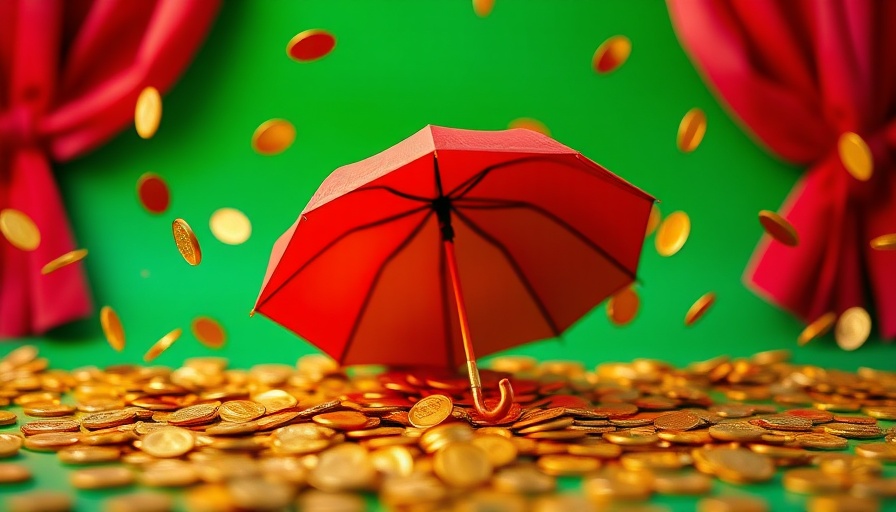 Memecoin frenzy with a red umbrella and raining coins.