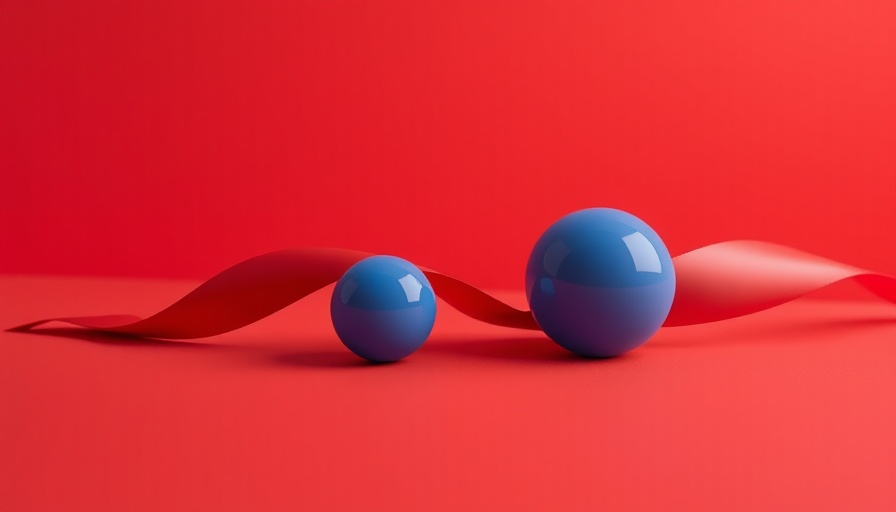 Minimalistic design of blue spheres and red ribbon on red surface.