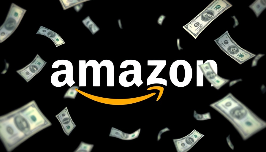 Amazon logo with floating dollar bills symbolizing ad revenue.