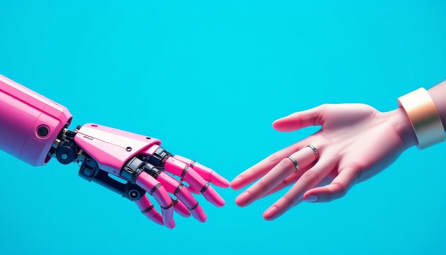 Deepfake detection: robotic and human hands reaching towards each other.