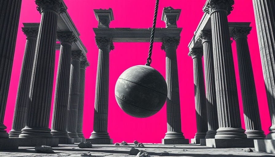 Surreal artwork with columns and wrecking ball on pink for AI innovations.