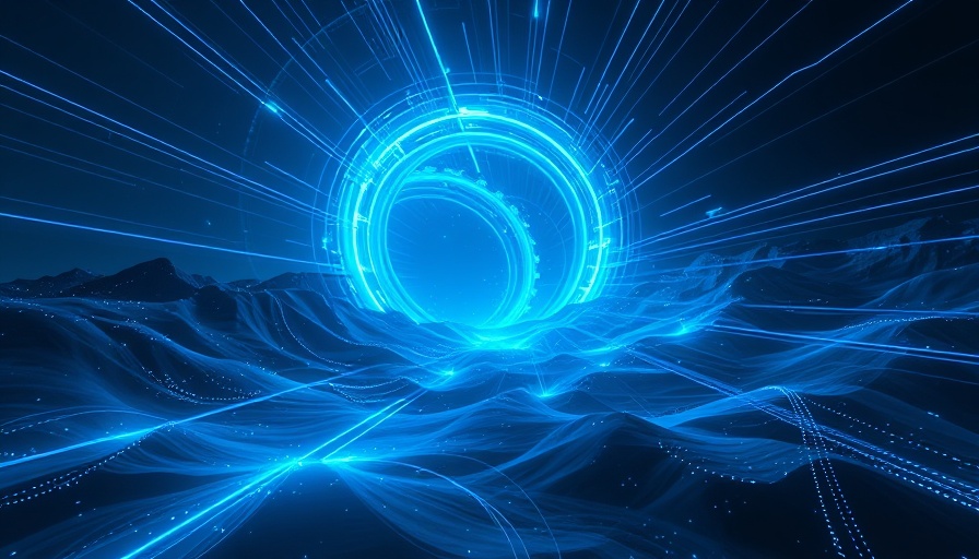Futuristic digital landscape with glowing blue light trails for people management concept.