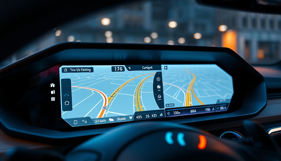 Vehicle dashboard with live mapping technology, sleek and futuristic design.
