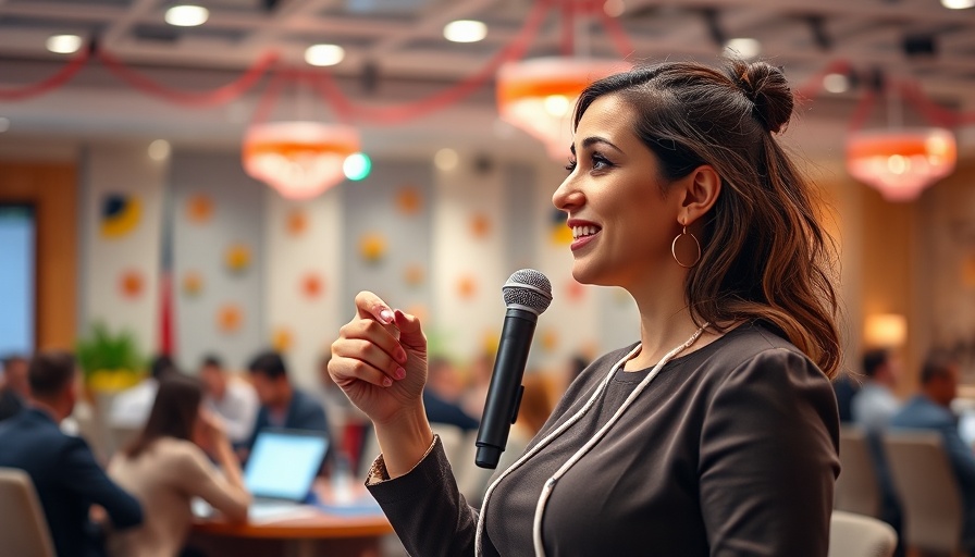 Confident woman speaking at a conference on AWS partnerships.