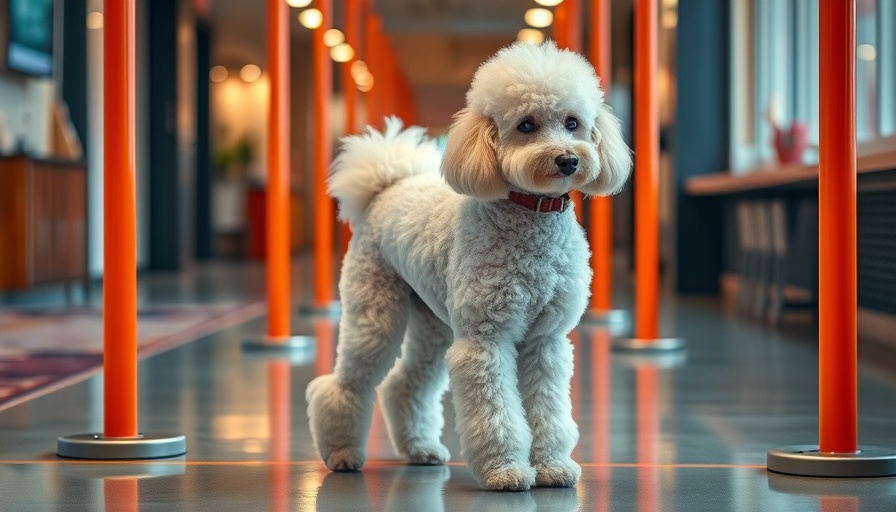 Bipedal poodle standing upright indoors with poles.