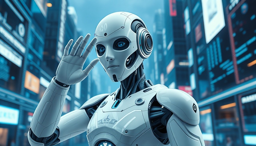 Humanoid robot saluting amidst digital data, enterprise AI adoption.