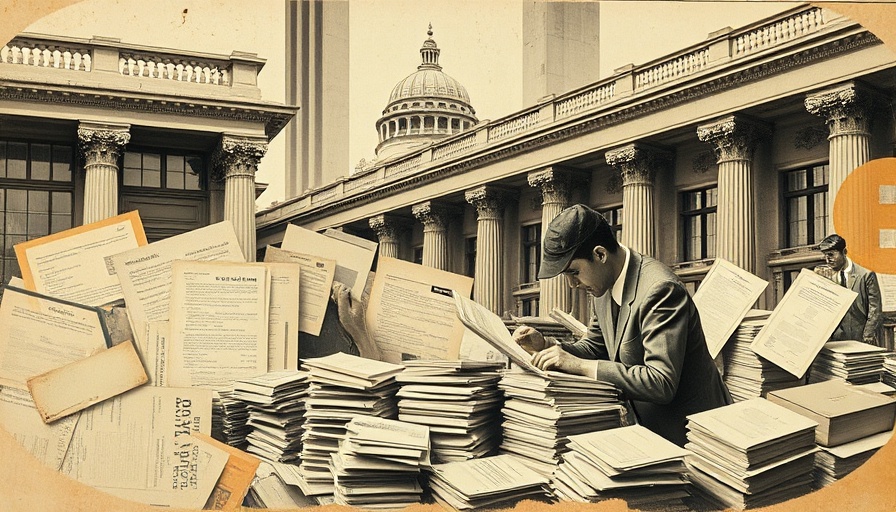 Vintage collage depicting archival processes in US government archives.